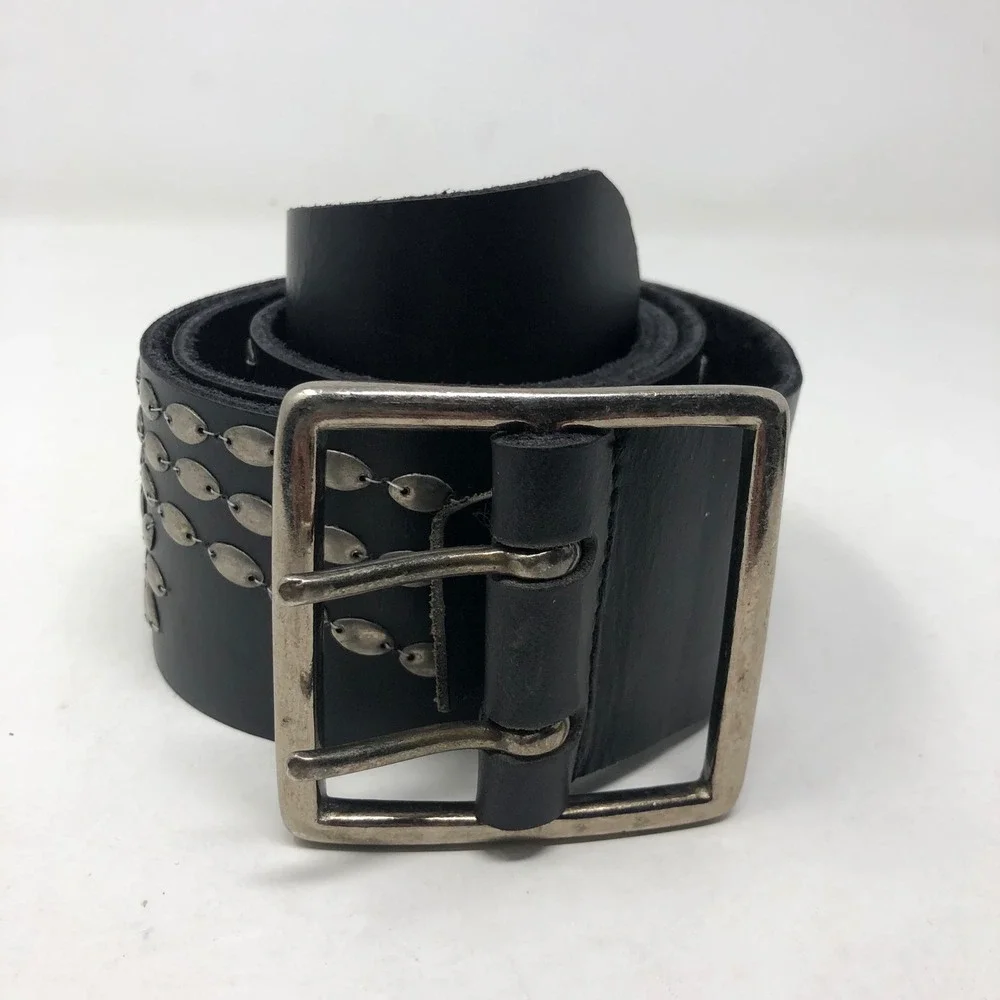 Sundance Belt Large Black Studded Leather Floral Double Prong Buckle Wide Boho